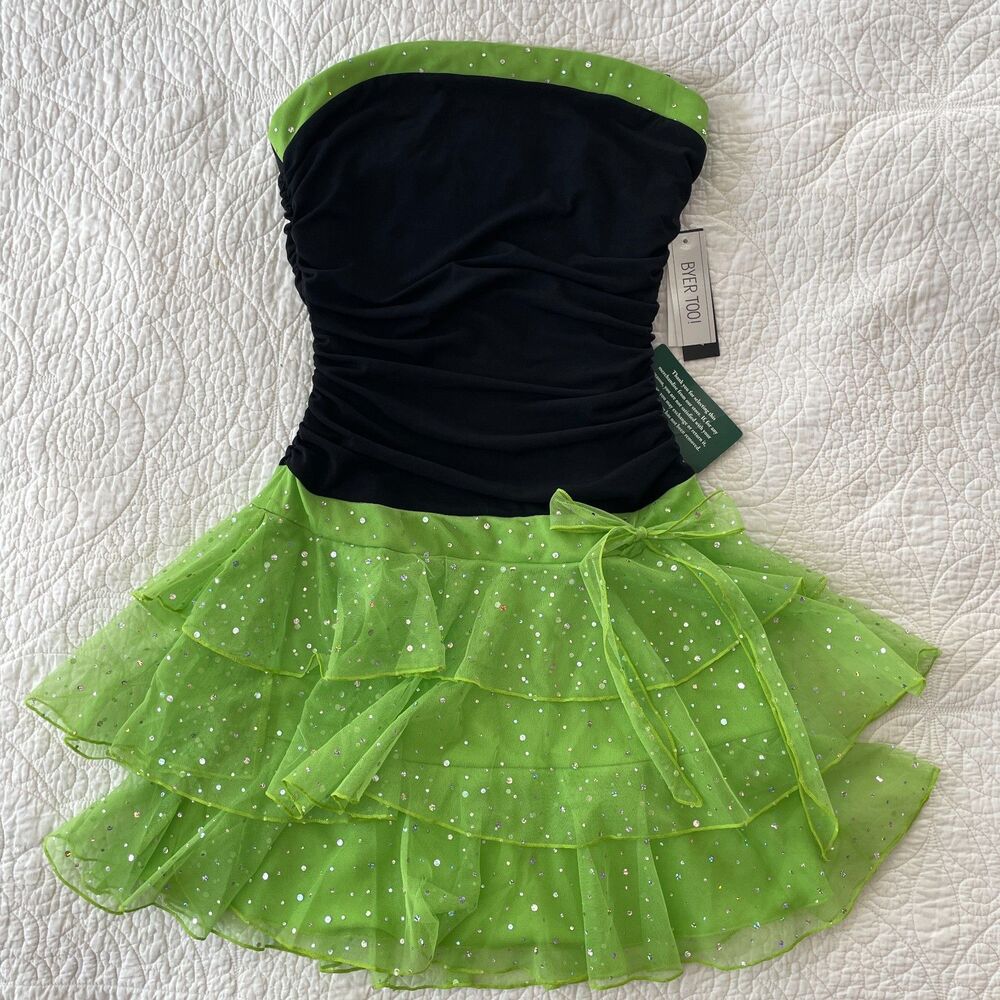 NWT Byer Too! Y2K Neon Lime Green Black Sequin Ruffle Dress Small Tube Ruched